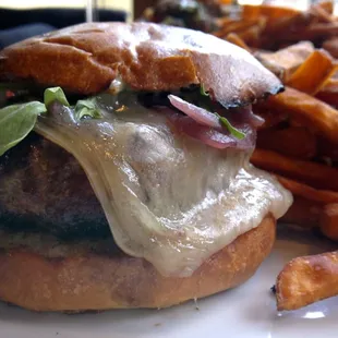 Lamb burger with yam fries