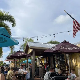 people sitting outside under umbrellas