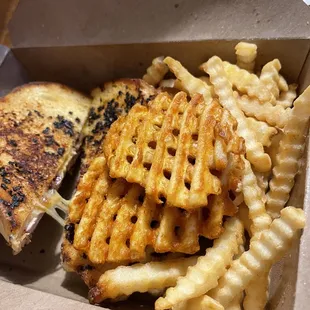 Top down view of Dragon Melt, waffle fries, and krinkle fries