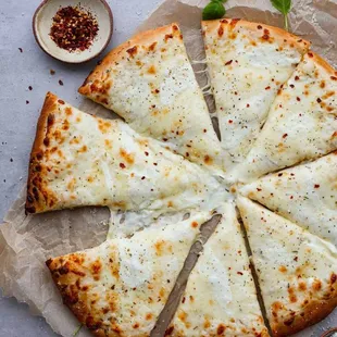 a pizza cut into eight slices