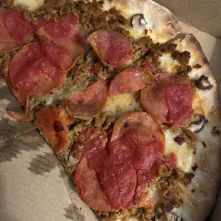 Pepperoni, Sausage &amp; Mushrooms... I&apos;d add extra cheese next time.