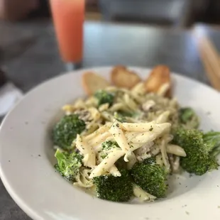 Chicken, broccoli fettuccini with breadstick chips