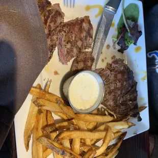 New York strip steak and frites.  Cooked exactly as orders.
