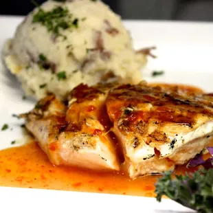 Salmon topped with an asian glaze