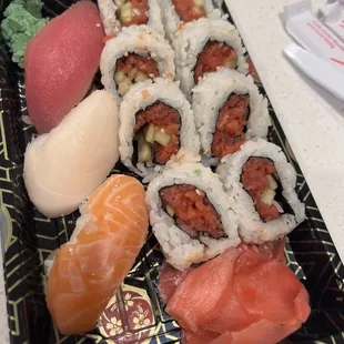 Spicy tuna roll, super white tuna, tuna and salmon nigiri