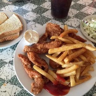 Fried catfish served with fries and coleslaw