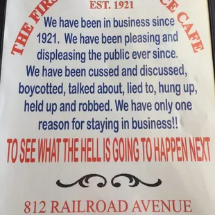 a sign for the first and last chance cafe