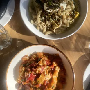 Summer Squash &amp; Ricotta (top) Florida Pink Shrimp Puttanesca (bottom)