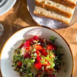 BURRATA with marinated strawberries and housemade focaccia