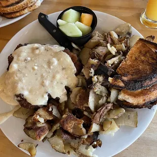 Country Fried Steak, Potatoes, Sourdough toast