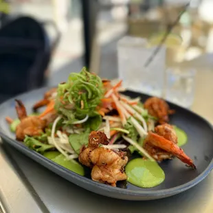 Shrimp'n: Grilled Prawns w/ lemon leaf chili dip ($25), Hendricks Tonic ($13), GG Shot ($14)