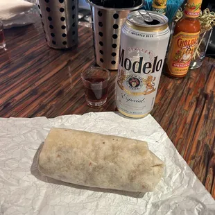 Beer, shot, and classic breakfast Burrito for $18