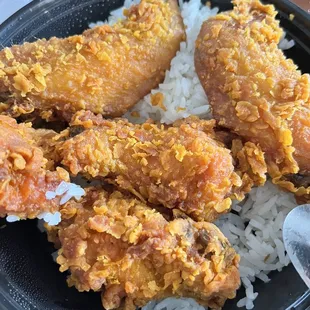a plate of fried chicken and rice