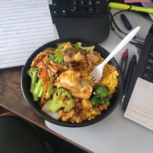 a bowl of food on a desk