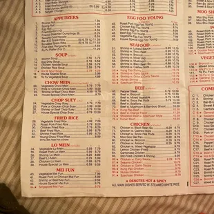 the menu and prices