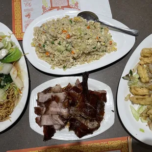 Seafood Crispy Noodle, Salted Fish &amp; Chicken Fried Rice, roast duck &amp; roast pork, fried squid