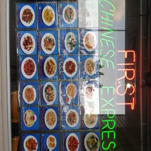 Picture of window with pics of food