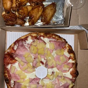 Medium Hawaiian pizza and teriyaki wings.
