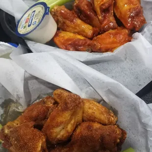 6 Old Bay wings and 6 Spicy Honey wings, extra crispy and hot.
