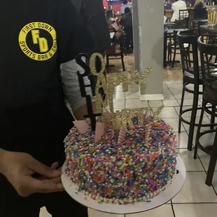 Cake we kept in fridge and brought out by our server