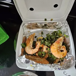 Crispy Shrimp with Pepper Salt (partially eaten container)