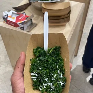 a person holding a bowl of kale
