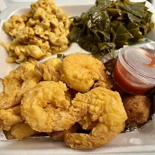 Fried shrimp, hush puppies, collards, Mac &amp; cheese