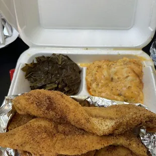 Whiting, collard greens and Mac and cheese