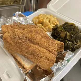 Fried Catfish, Mac n Cheese, Collard Greens.