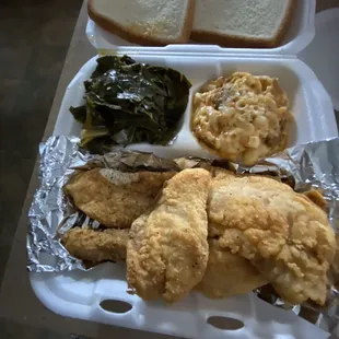 Whiting, mac and cheese, greens, bread.