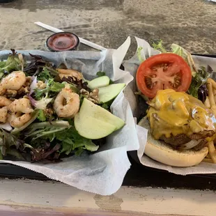 Husband had the Apple-Walnut Salad with Shrimp and I had the juicy Basic Burger and shoestring fries!