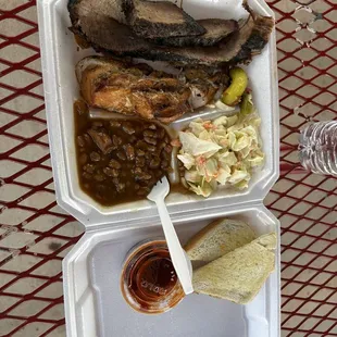 Brisket/smoked chicken w/ coleslaw and baked beans.