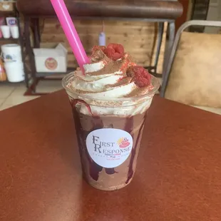 a chocolate milkshake with raspberries and whipped cream