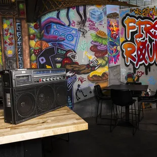 a table with a boombox on it