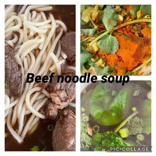 beef noodle soup and broccoli