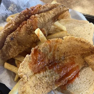 Catfish platter on white bread.
