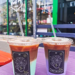 Iced Pistachio Mint Latte, Iced Ubae Latte (both with oat milk!)