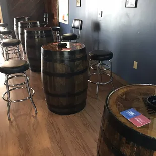 a row of wooden barrels