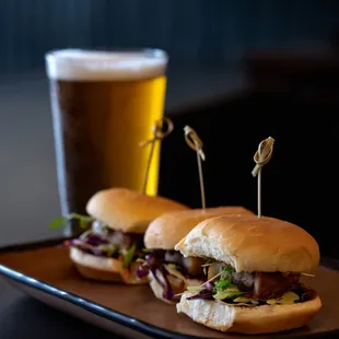 wo burgers and a pint of beer