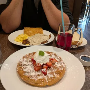 Belgian waffle and chicken fried steak