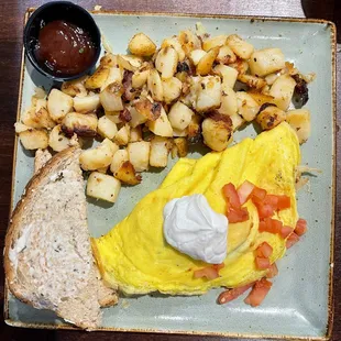 Nov. 2024 | $13.29 - The Works Omelette - comes w/ Lemon-Dressed Organic Greens, which I substituted for Fresh, Seasoned Potatoes