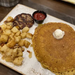 Seasonal pumpkin pancake with potatoes substituted (no eggs for me)
