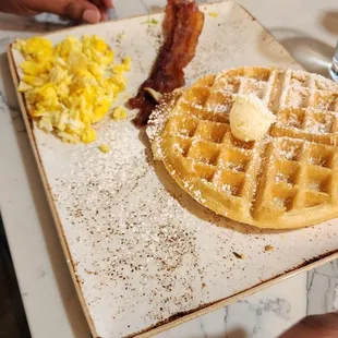 Tri- fecta  eggs, bacon, waffle