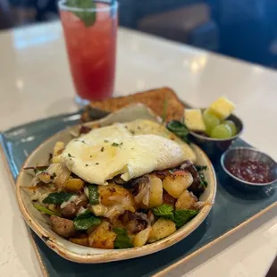 Skillet hash and watermelon drink