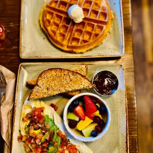 Tri Athlete Breakfast with a side of fruit and a Belgian Waffle