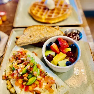 Tri Athlete Breakfast with a side of fruit and a Belgian Waffle