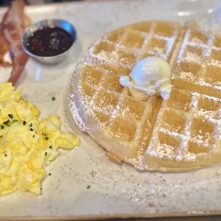 Trifecta Breakfast with pork bacon and scrambled eggs