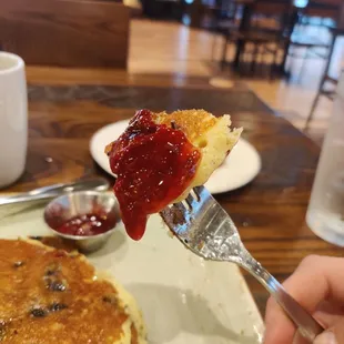 Multigrain blueberry pancakes, and a marinated berry sauce. Dude, it was delish.