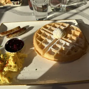 Tri-fecta with waffle and turkey sausage option