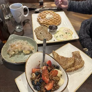 A.M. Superfoods Bowl, side of biscuits and gravy, and the Tri-fecta